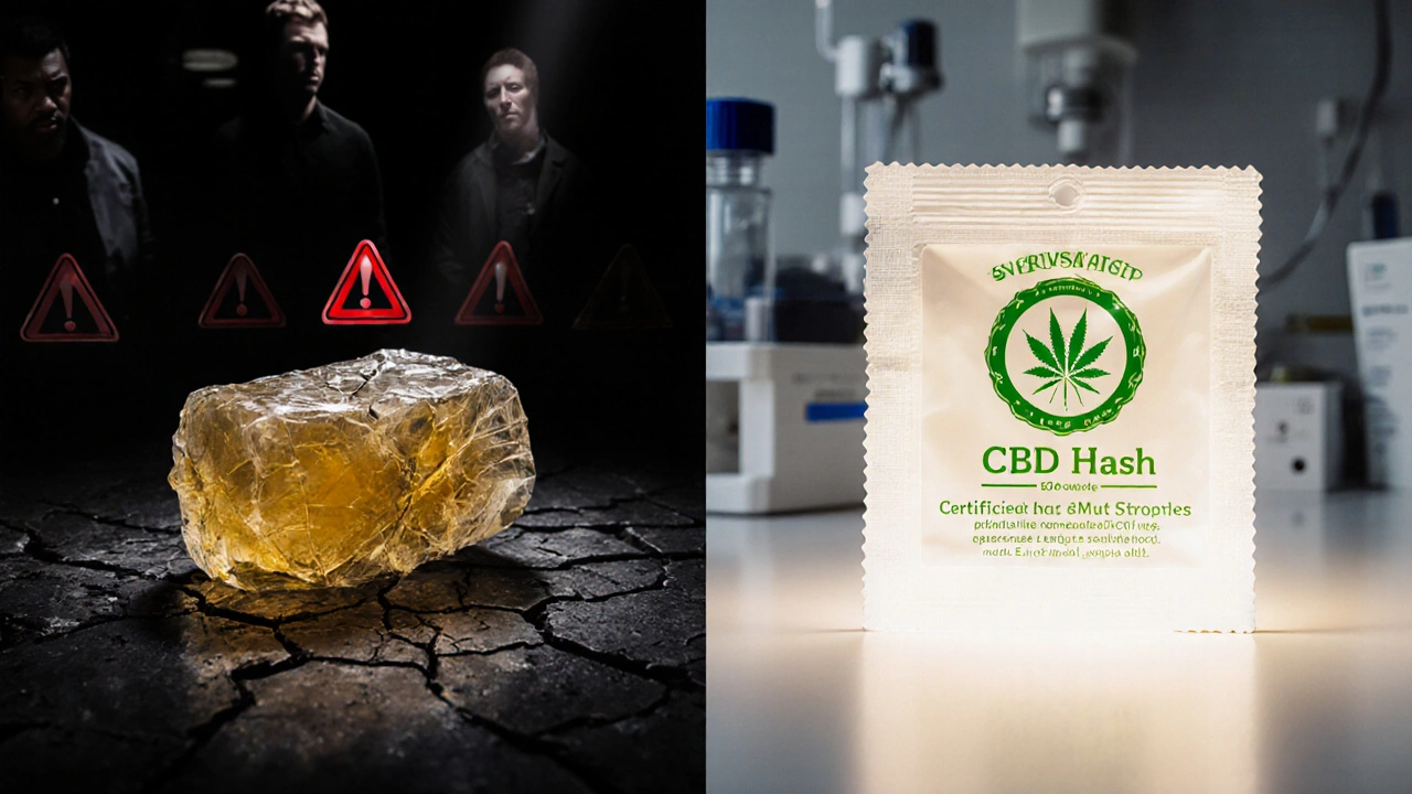 Kontrast zwischen illegaler CBD-Hash-Verpackung und zertifiziertem, sicheren Produkt.