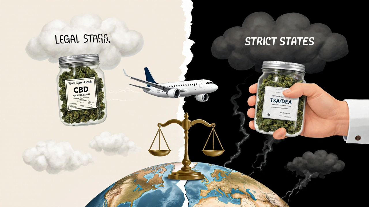 Konzeptuelle Darstellung: CBD-Blüten auf sicherem Reiseweg vs. Beschlagnahme durch Behörden.