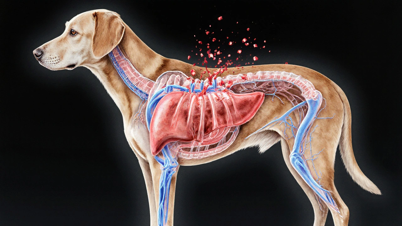 Künstlerische Darstellung der Überlastung des Endocannabinoid-Systems bei einem Hund durch zu viel CBD.