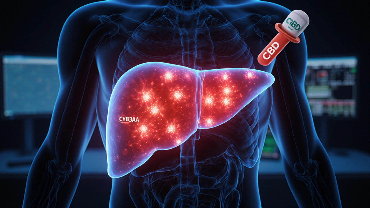 Leber mit blockierten Enzymen, die durch CBD-Moleküle beeinträchtigt werden, während Blutverdünner umherschweben.