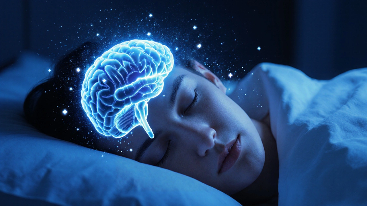 Mensch schläft friedlich, während abstrakte CBN-Moleküle sanft ins Gehirn fließen, Symbol für tiefen Schlaf.
