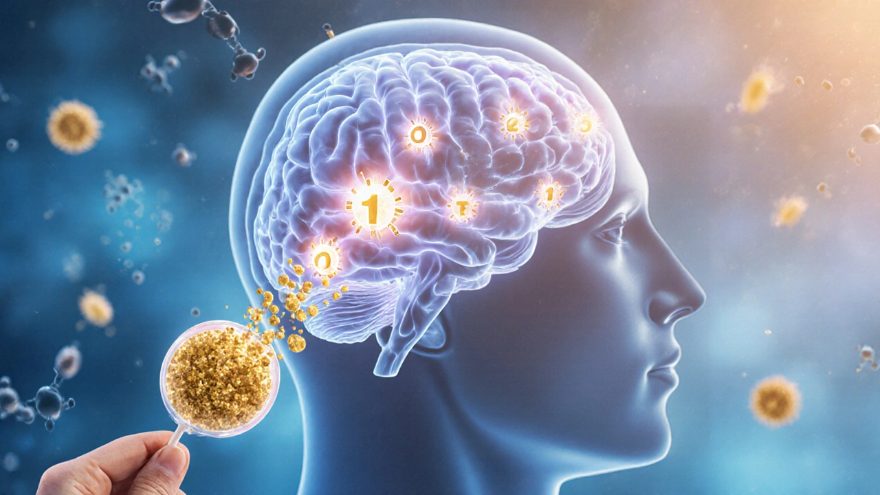 Menschliches Gehirn mit leuchtenden Rezeptoren, die von THC-Molekülen aktiviert werden