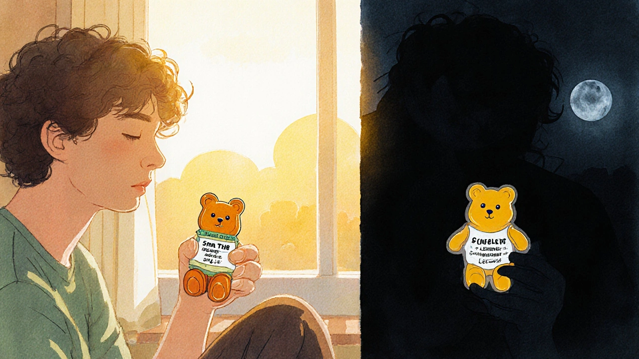 Person am Morgen mit energiebringendem Gummibärchen, im Hintergrund schlafende Figur mit beruhigendem Gummibärchen.