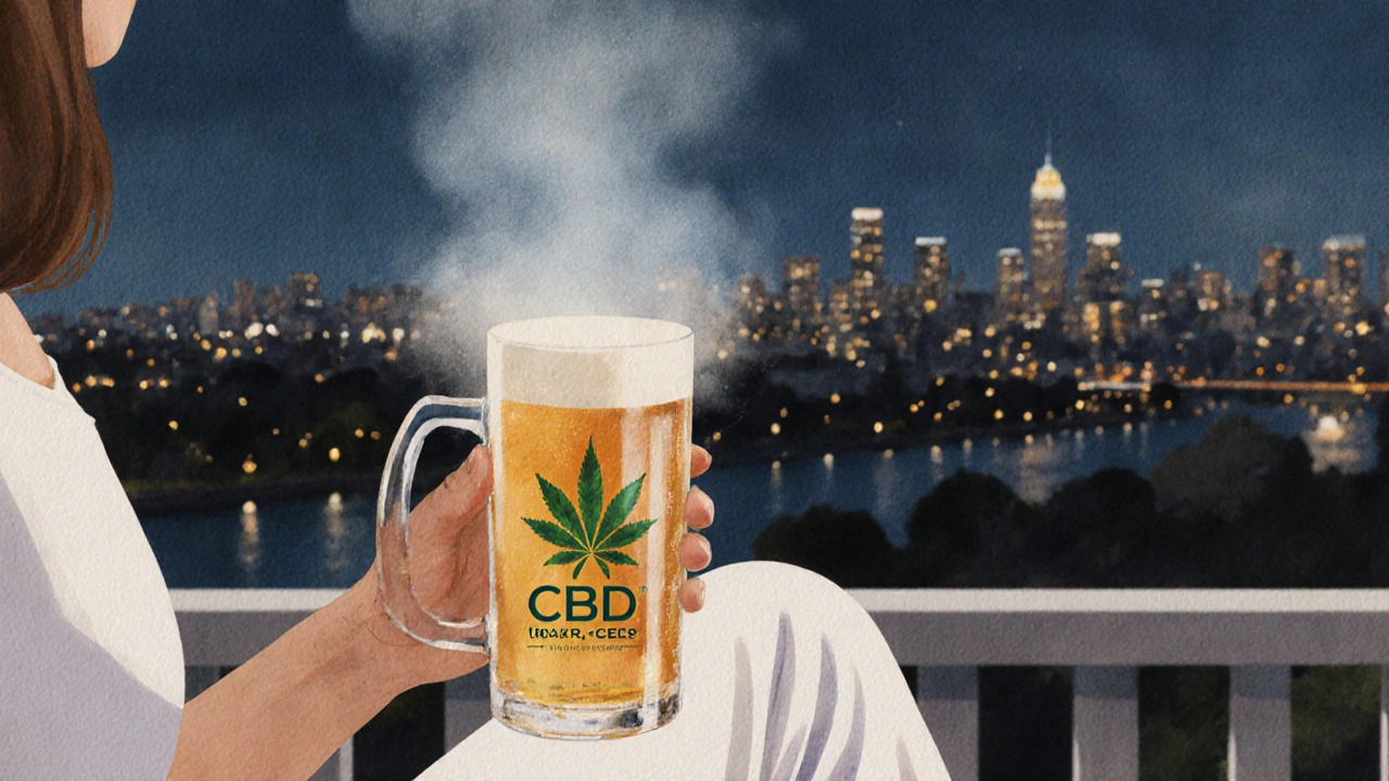 Person auf Balkon mit CBD-Bier, ruhige Abendatmosphäre mit sanfter Nebelwirkung