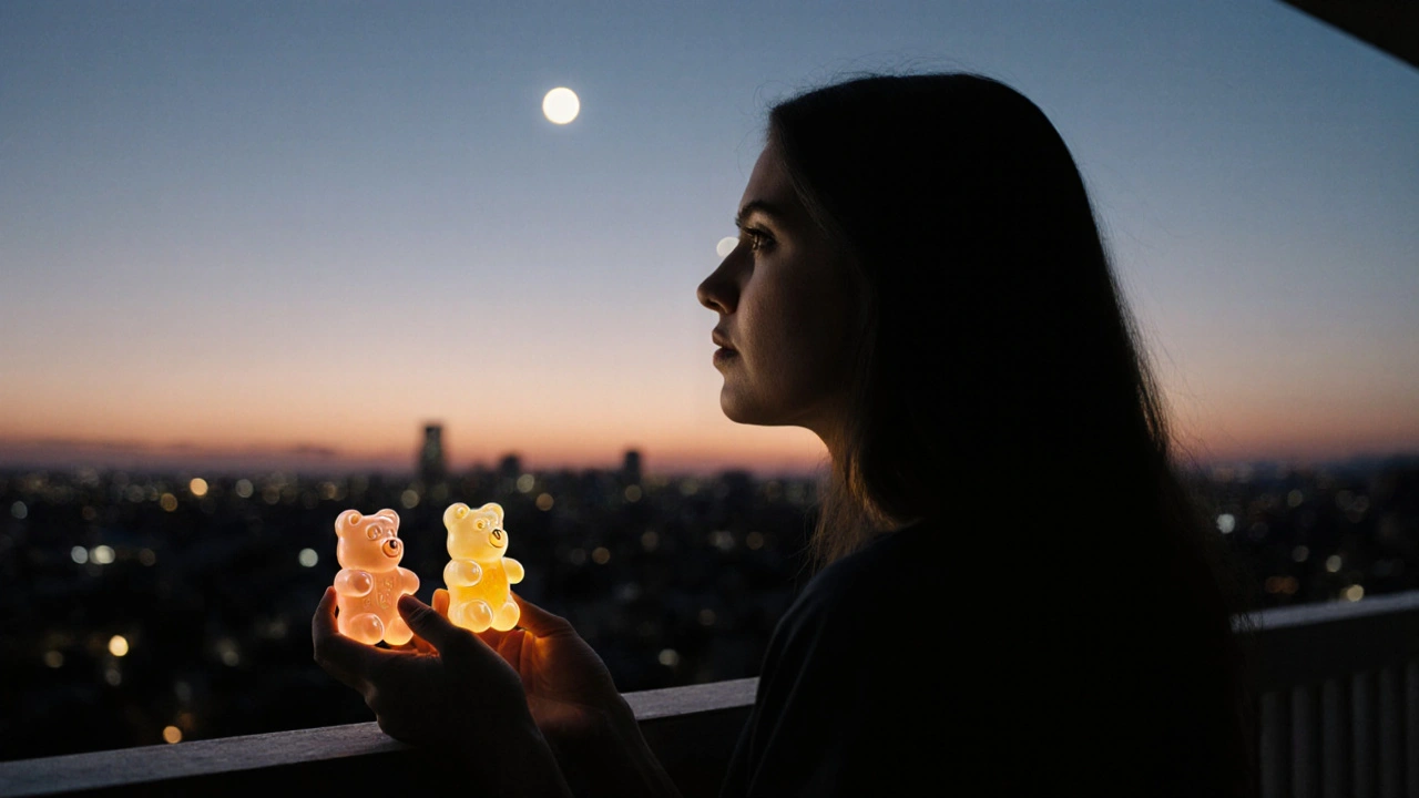 Person auf Balkon mit CBD- und HHC-Gummibärchen, entspannter Blick, Dämmerungslicht.