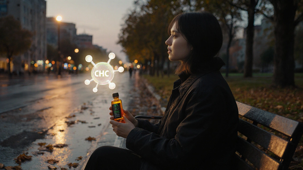 Person auf Parkbank mit CBD-Flasche, HHC-Molekül als durchscheinende Aura in der Luft.