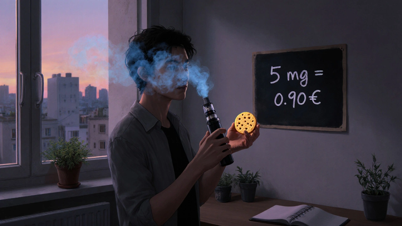 Person mit Vaporizer und Cookie in einer Wohnzimmerlandschaft bei Dämmerung, Hintergrund mit Notizbuch und Kräutern.