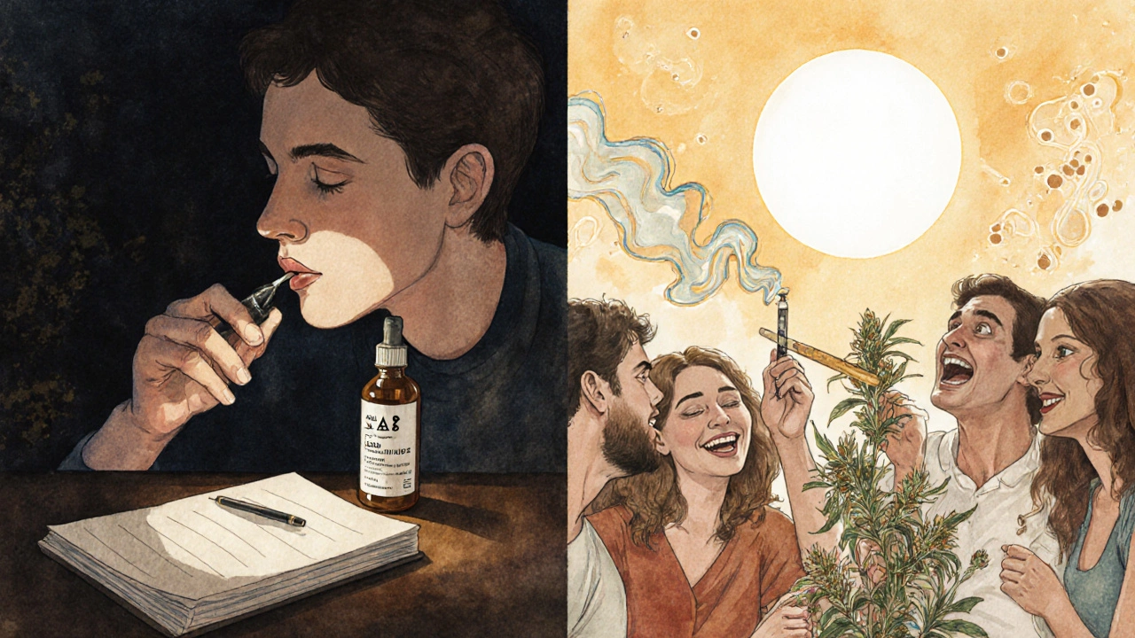 Person nimmt Delta-8-Tropfen abends, während Freunde draußen Sativa-Blüten rauchen