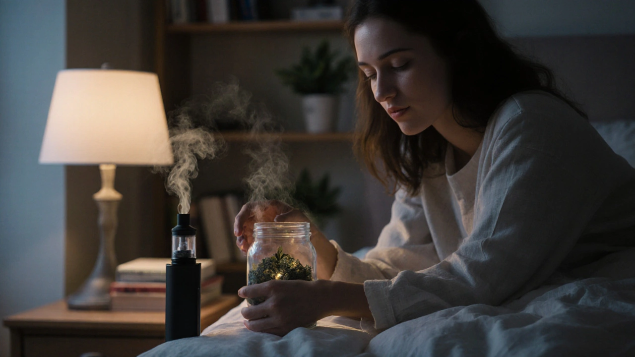 Person öffnet Glas mit CBD-Blüten in einem ruhigen Schlafzimmer, Dampf vom Vaporizer