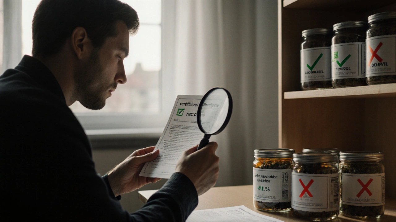 Person prüft einen Laborbericht, um THCV in Cannabis-Produkten zu identifizieren, während andere Produkte markiert sind.