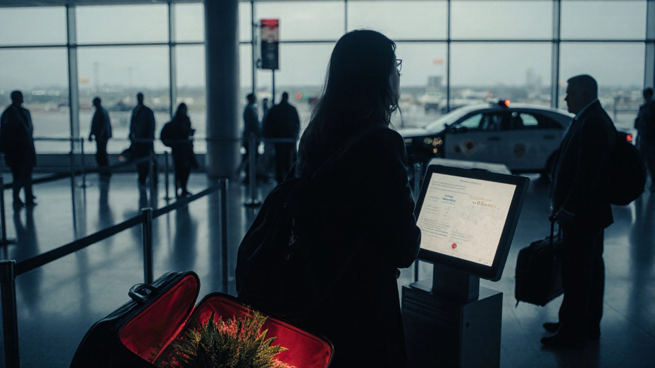 Reisender beobachtet gespannt, wie sein Gepäck mit CBD-Blüten gescannt wird, während ein Polizeiauto außen steht.