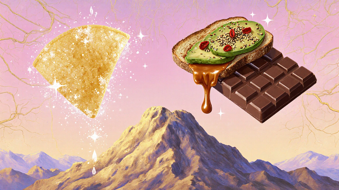 Surreale Landschaft aus schwebenden Chips, schmelzender Schokolade und Avocado-Toast unter einem nebligen Himmel.