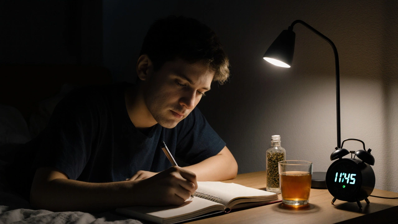 Teenager schreibt abends in ein Tagebuch mit CBG-Öl und Tee auf dem Tisch.