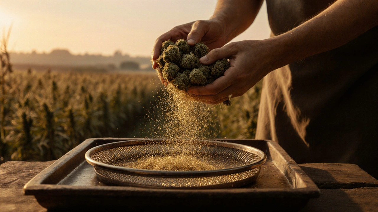 Traditionelle Handherstellung von CBD-Hash durch Sieben von Hanfblüten.