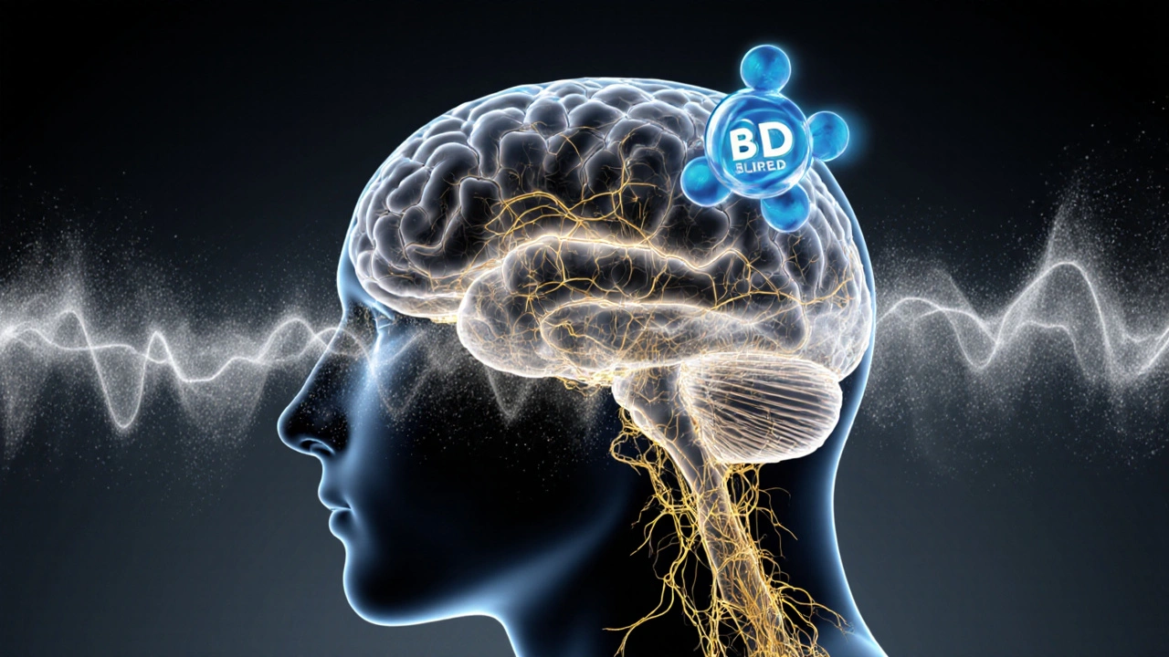 Transluzenter Gehirn-Graphik mit CBD-Molekül, das mentales Rauschen filtert.