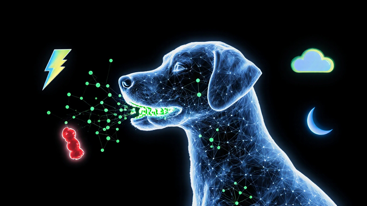 Transparenz-Darstellung eines Hundes mit aktiviertem Endocannabinoid-System, CBD-Moleküle strömen ein, beruhigende Farben.