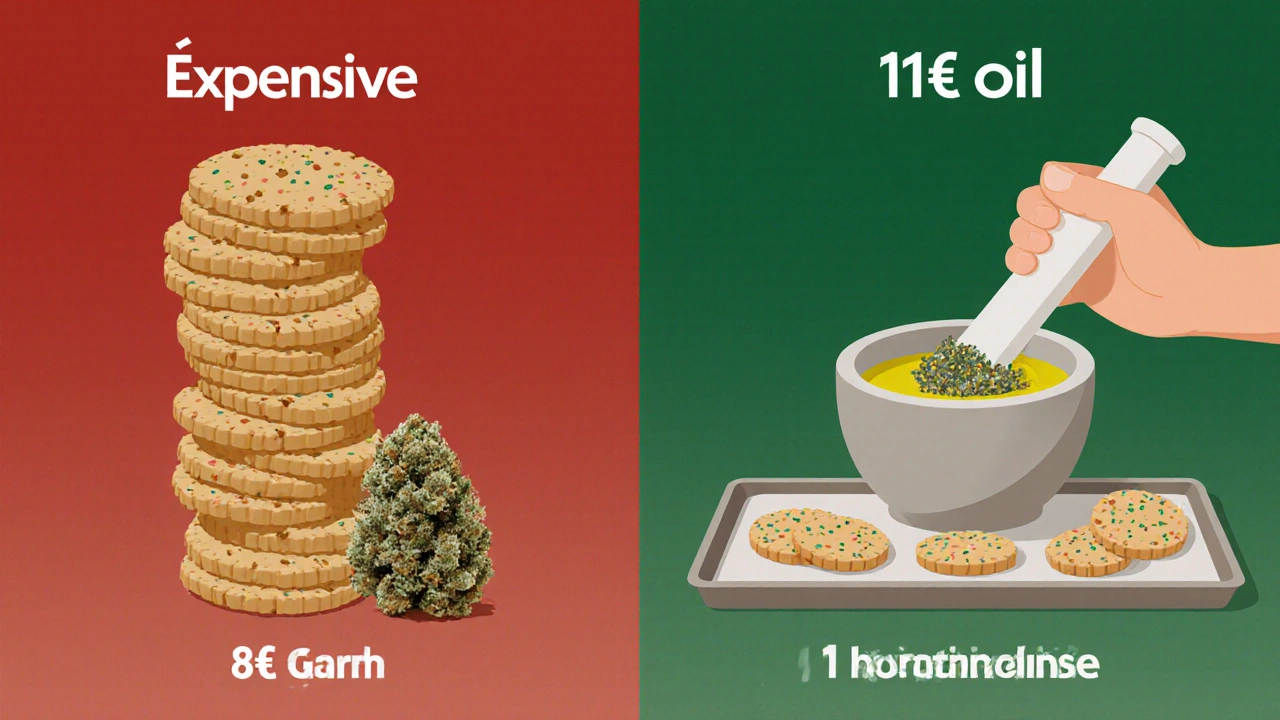Vergleich: ein Turm aus 17 teuren Cookies vs. eine Handvoll Blüten mit 12 selbstgebackenen Cookies, symbolisch dargestellt.