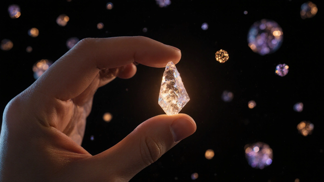 Winziges CBD-Shatter-Stück mit schwebenden Cannabinoid-Partikeln in dunklem Hintergrund.