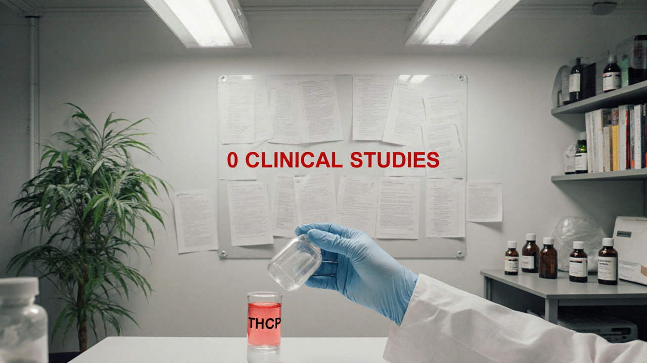 Wissenschaftler in einem Labor mit &#039;0 klinische Studien&#039; an der Wand, CBD und Therapiebücher daneben.