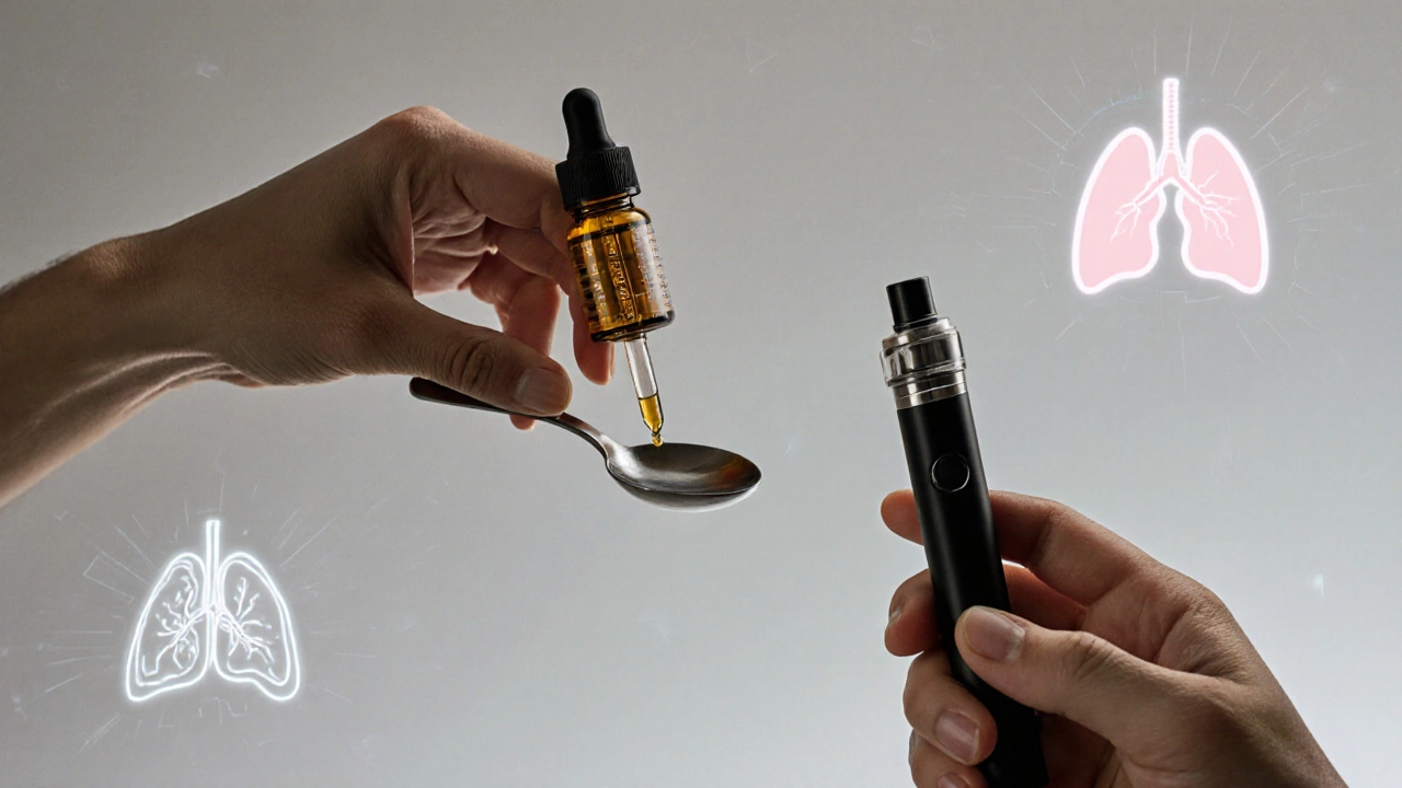 Zwei Hände zeigen die unterschiedlichen Methoden der CBD-Einnahme: Tropfen und Dampfen.