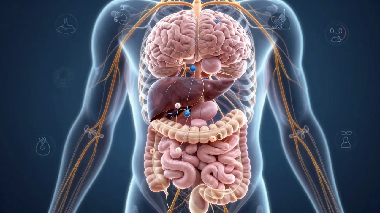 Abbildung des Körpers mit CBD-Molekülen, die im Verdauungstrakt aufgenommen werden.