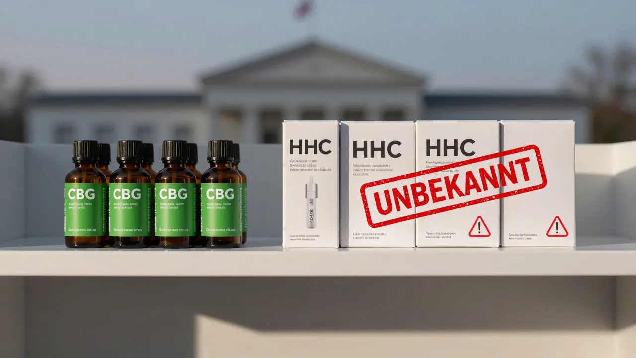 Apothekenregal mit CBG, HHC und Warnsymbolen unter gedämpftem Licht.