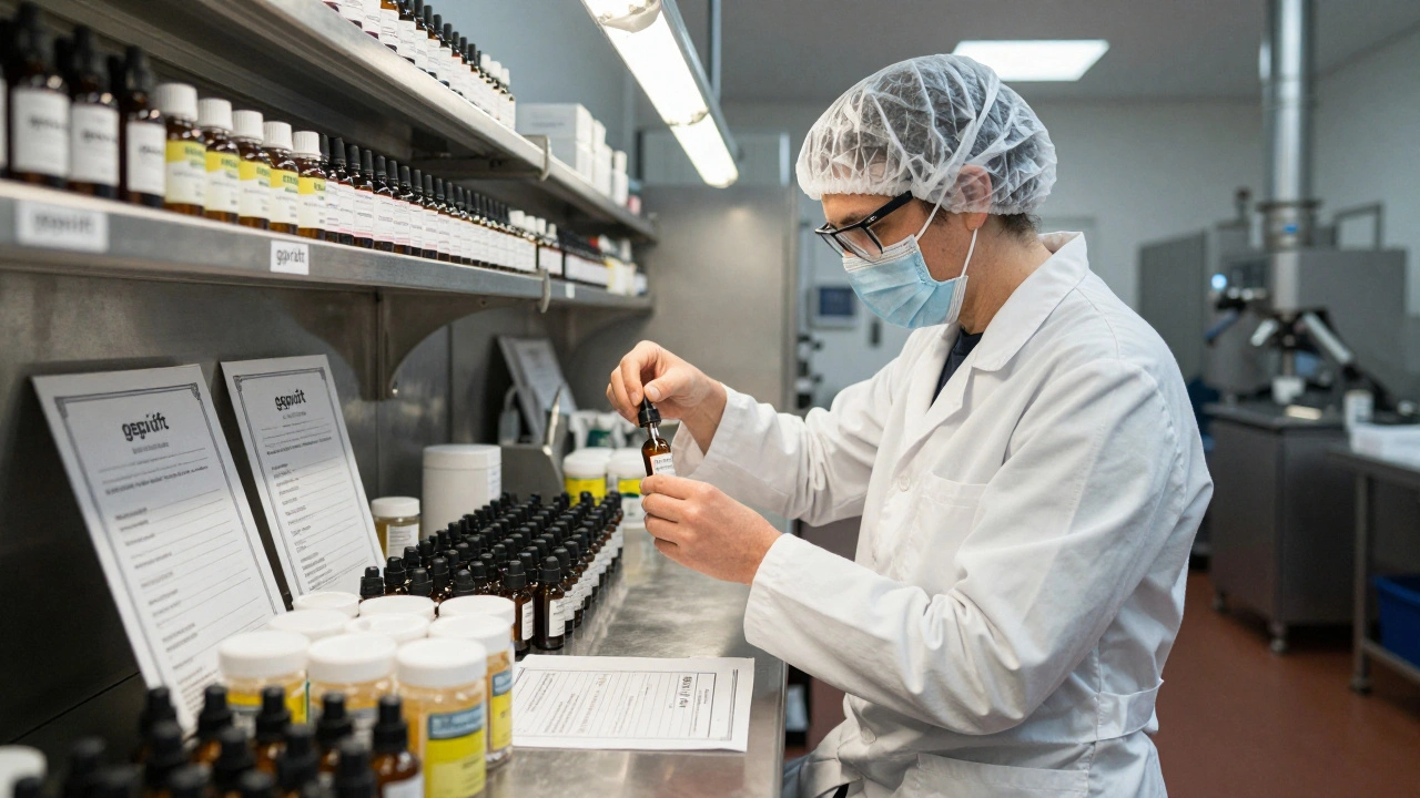 Arbeiter füllt in einer kleinen Werkstatt CBD-Öl für Haustiere in Flaschen.