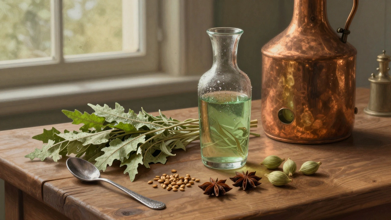 Authentische Zutaten für Absinth: Wermut, Anis und Fenchel auf einem hölzernen Tisch mit einer Glasflasche.