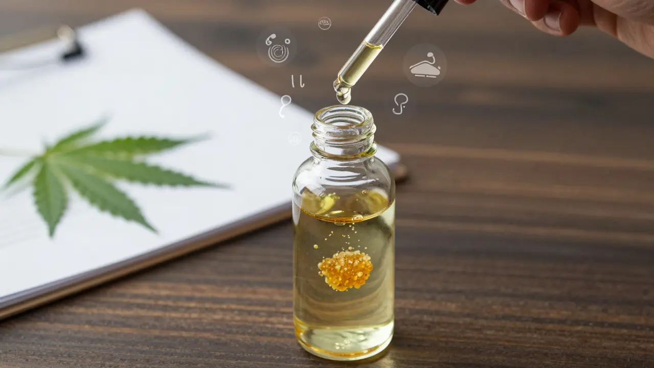 CBD-Resin löst sich langsam in MCT-Öl in einer Tropfflasche, begleitet von symbolischen Icons.