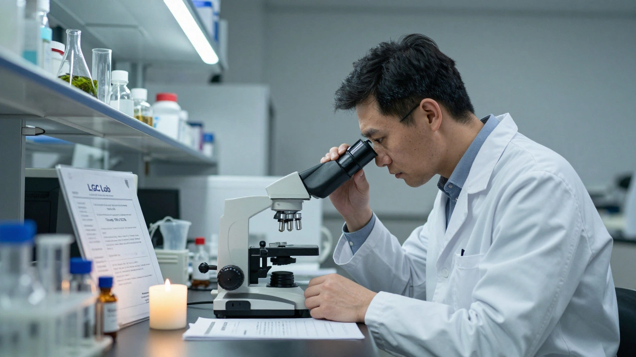 Deutsche Wissenschaftler untersuchen CBN-Extrakt im Labor mit Zertifikat und Flasche.