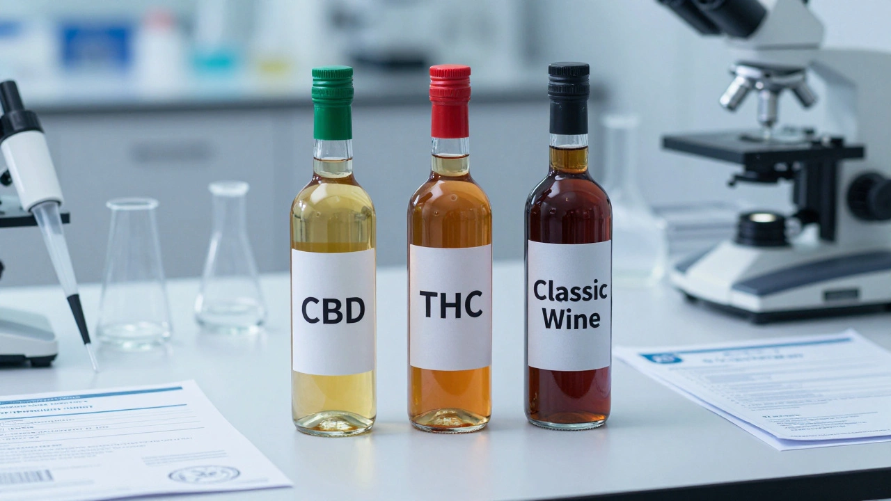 Drei Cannabis-Wein-Flaschen auf Labortisch mit Testgeräten und Zertifikaten