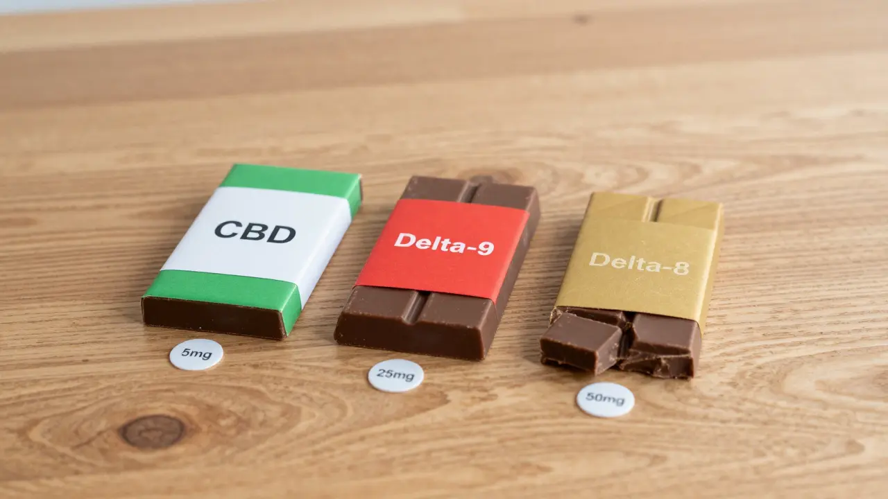 Drei Schokoladenstücke mit CBD, Delta-8 und Delta-9, jeweils mit Dosierungsangaben auf Holzunterlage.