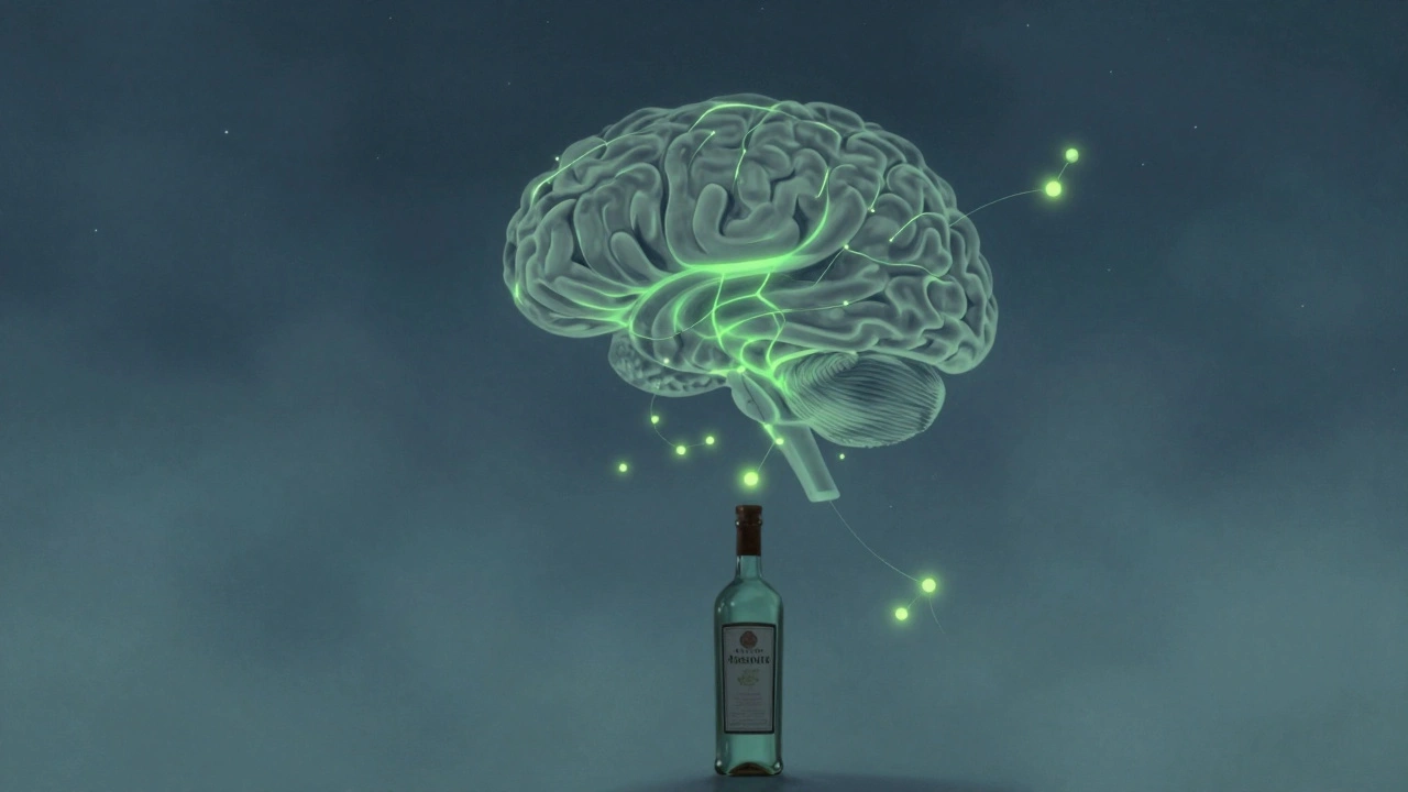 Ein Gehirn in Silhouette, verbunden durch grüne Lichtfäden mit einer Absinth-Flasche — Symbol für Klarheit.