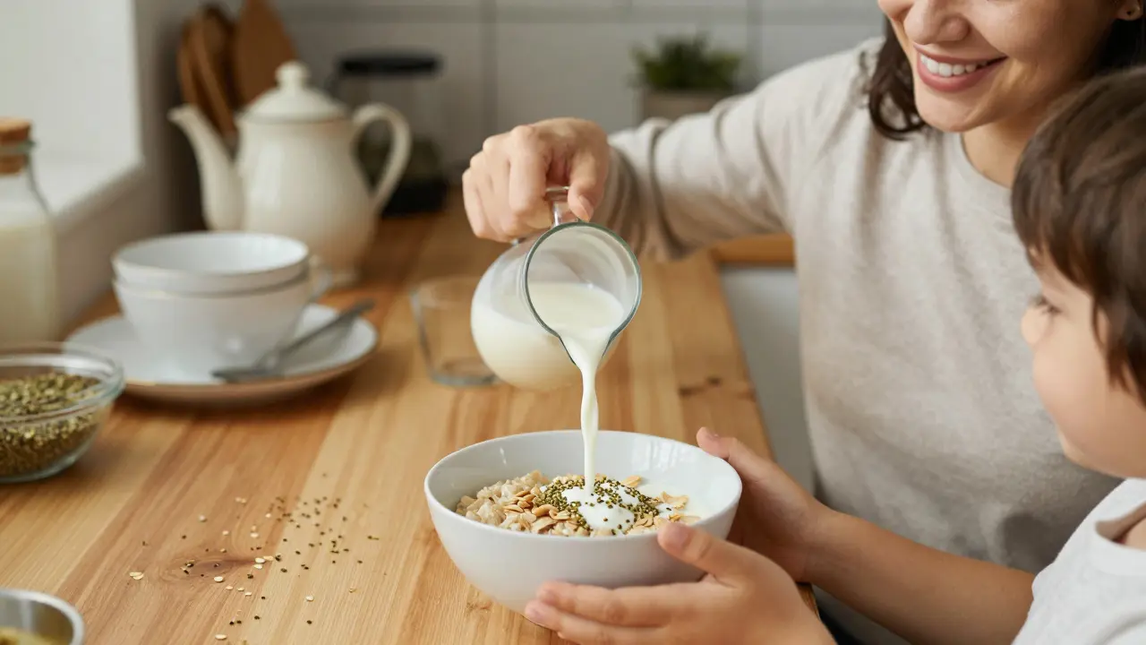 Ein Kind isst Müsli mit Hanfherzen, die Mutter gießt Hanfmilch ein – gesunde, alltägliche Ernährung.