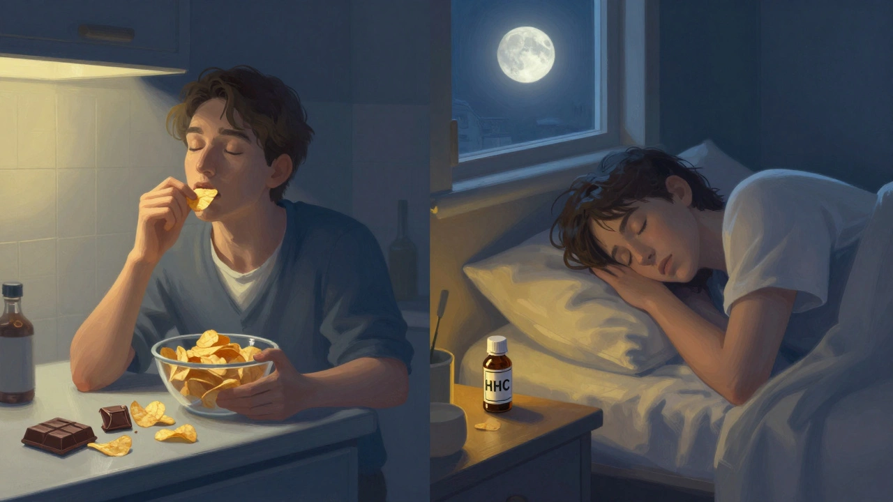 Ein Kontrast: eine Person snackt nachts vs. dieselbe Person schläft friedlich mit einer HHC-Flasche neben dem Bett.