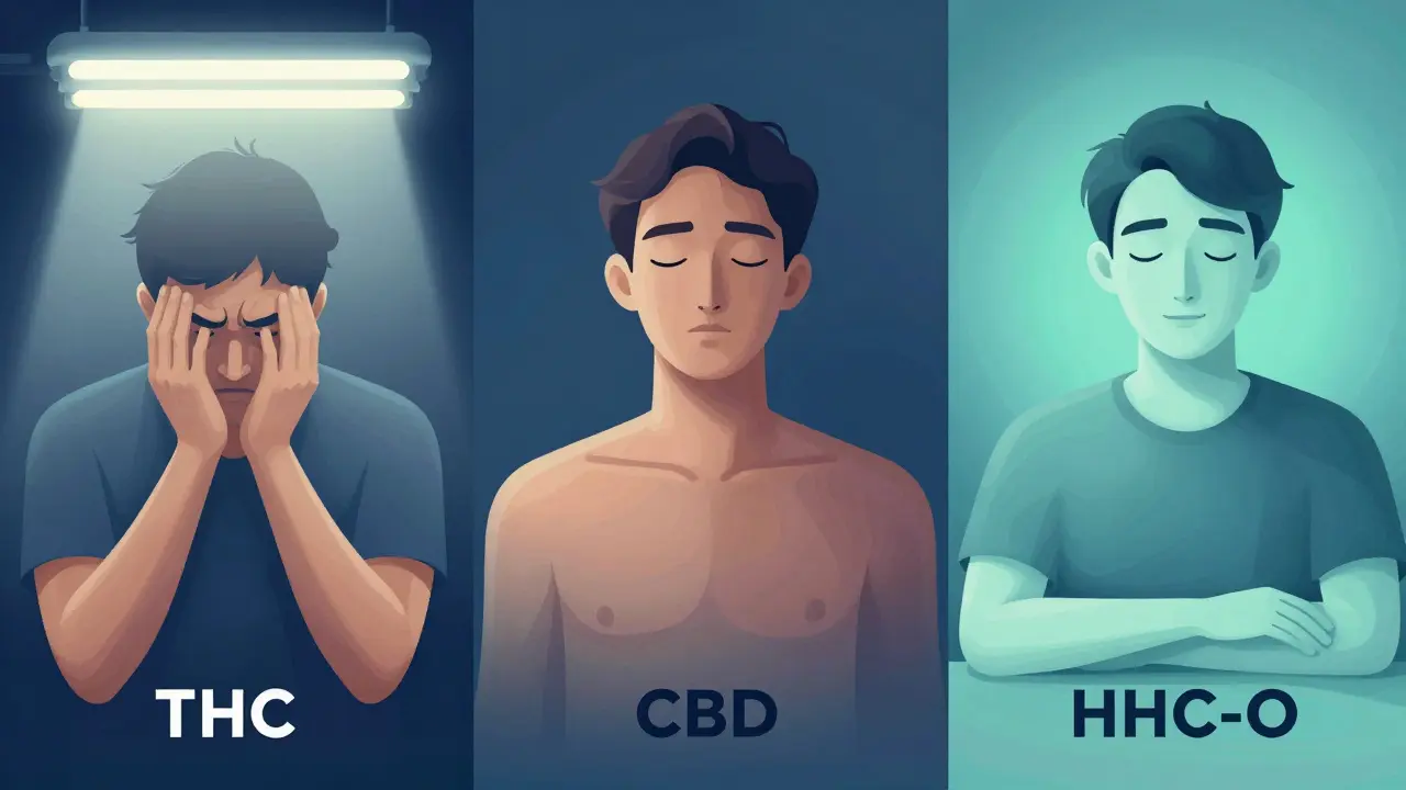 Ein konzeptuelles Bild zeigt drei Zustände: Angst durch THC, Neutralität durch CBD und ruhige Wirkung durch HHC-O mit farblicher Symbolik.