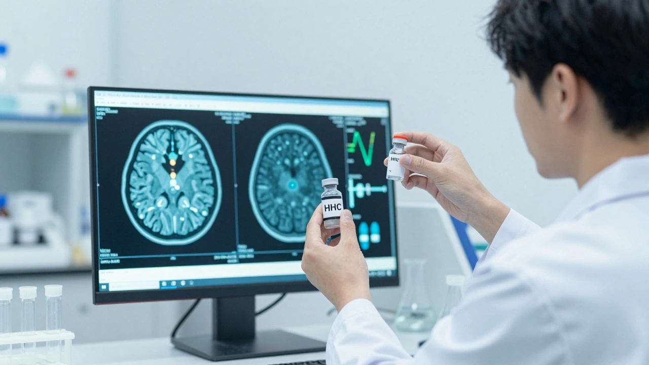 Ein Wissenschaftler betrachtet Gehirn-Scans und Hormon-Daten einer HHC-Wirkung in einem Labor.