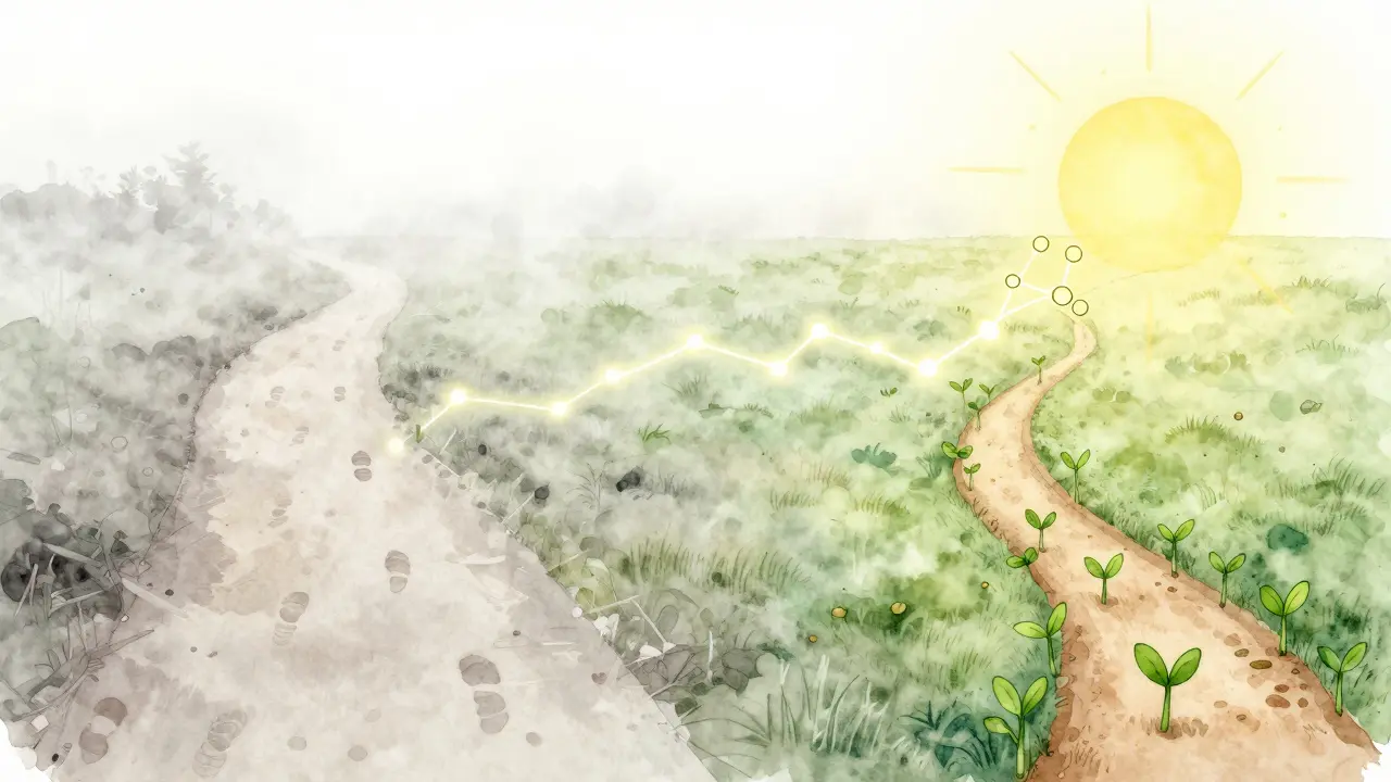 Ein zweigeteilter Pfad: links neblig und verworren, rechts sonnig und wachsend.