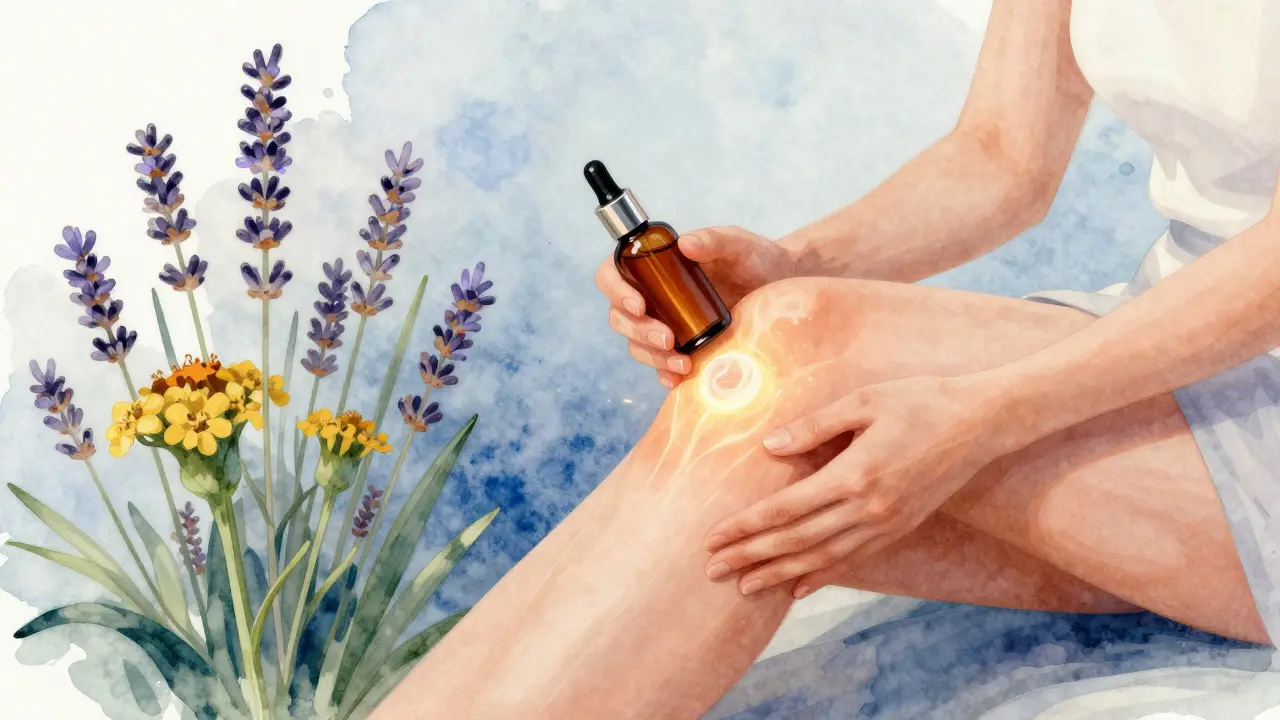 Eine Frau massiert eine CBD-Creme sanft auf ihr schmerzendes Knie.