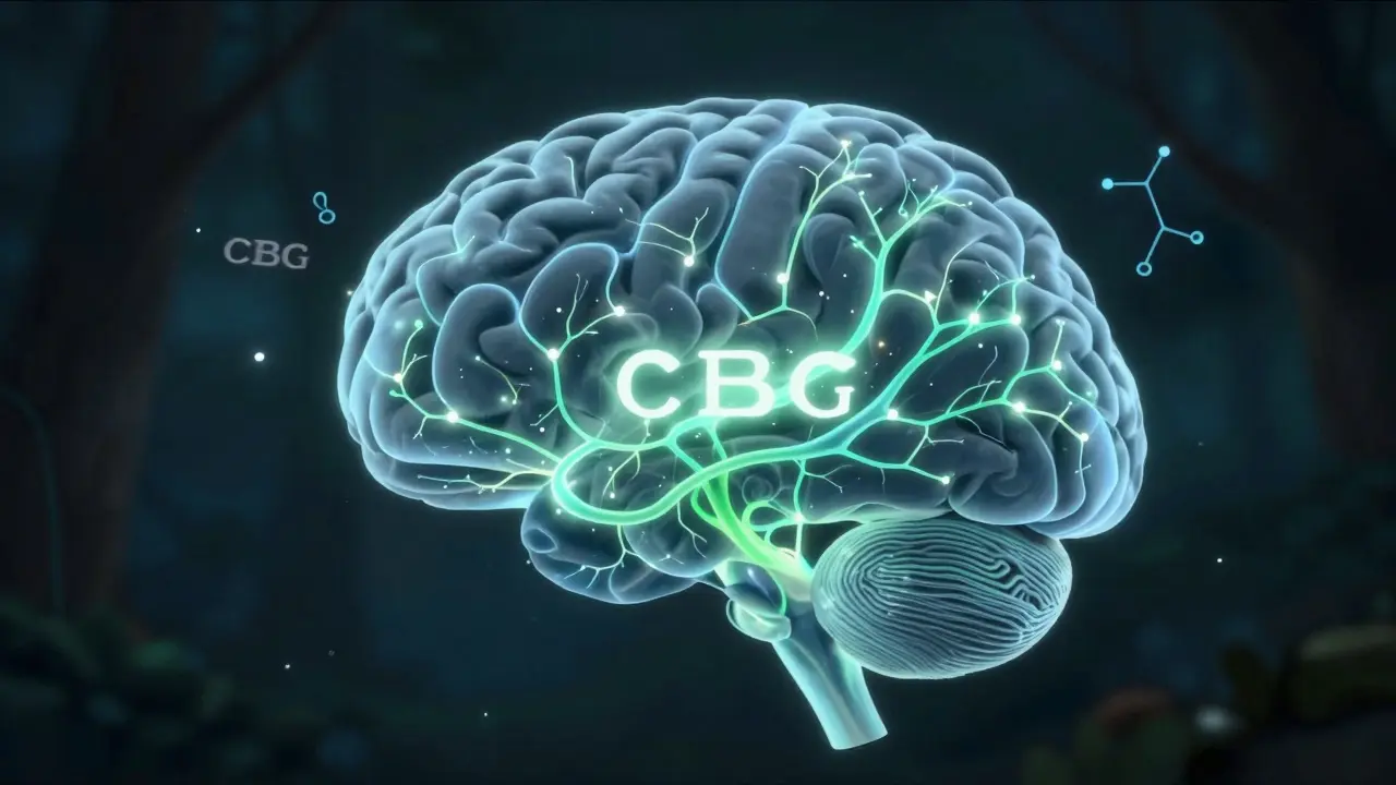 Eine gezeichnete Gehirnstruktur mit leuchtenden Nervenverbindungen und CBG-Molekülen.