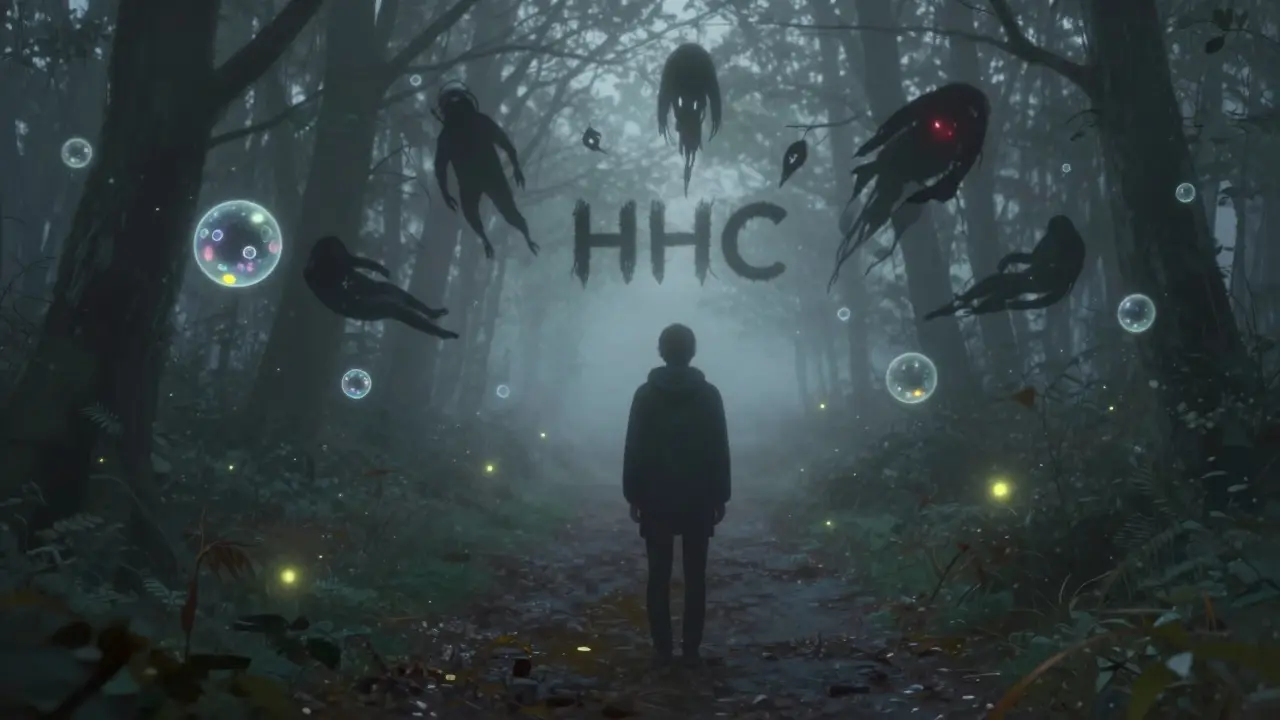 Eine Person in einem Nebelwald, sanft leuchtende HHC-Moleküle schweben um sie, während Angstformen verschwinden.