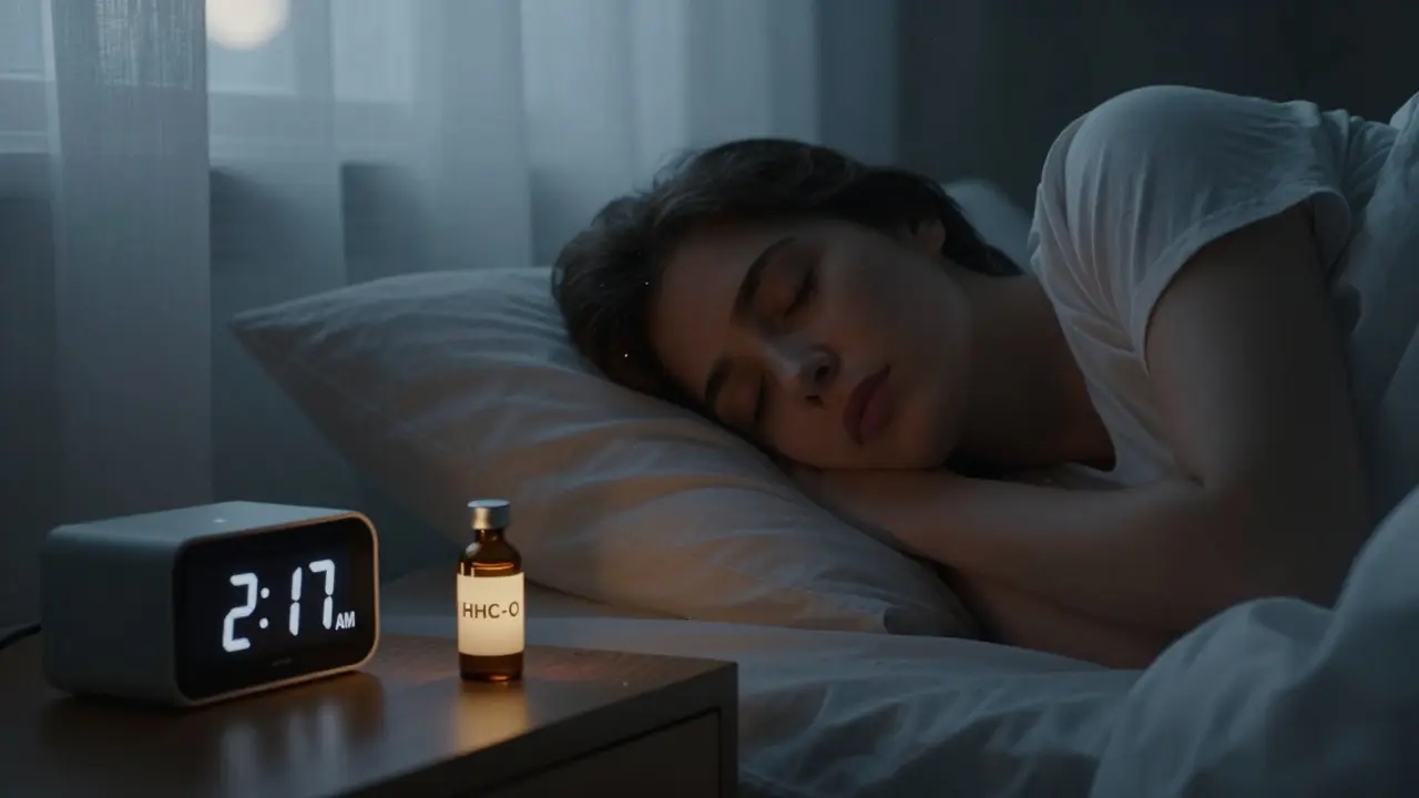 Eine Person schläft friedlich im Bett, neben ihr liegt eine kleine HHC-O-Flasche, mondhell beleuchtet in einer ruhigen Nachtlandschaft.