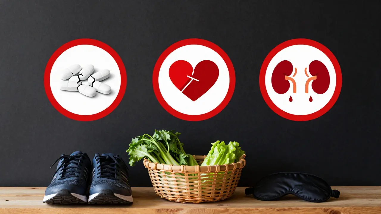 Gefährliche Abnehm-Substanzen in Warnkreisen, neben gesunden Alternativen wie Schuhen, Gemüse und Schlafmaske.