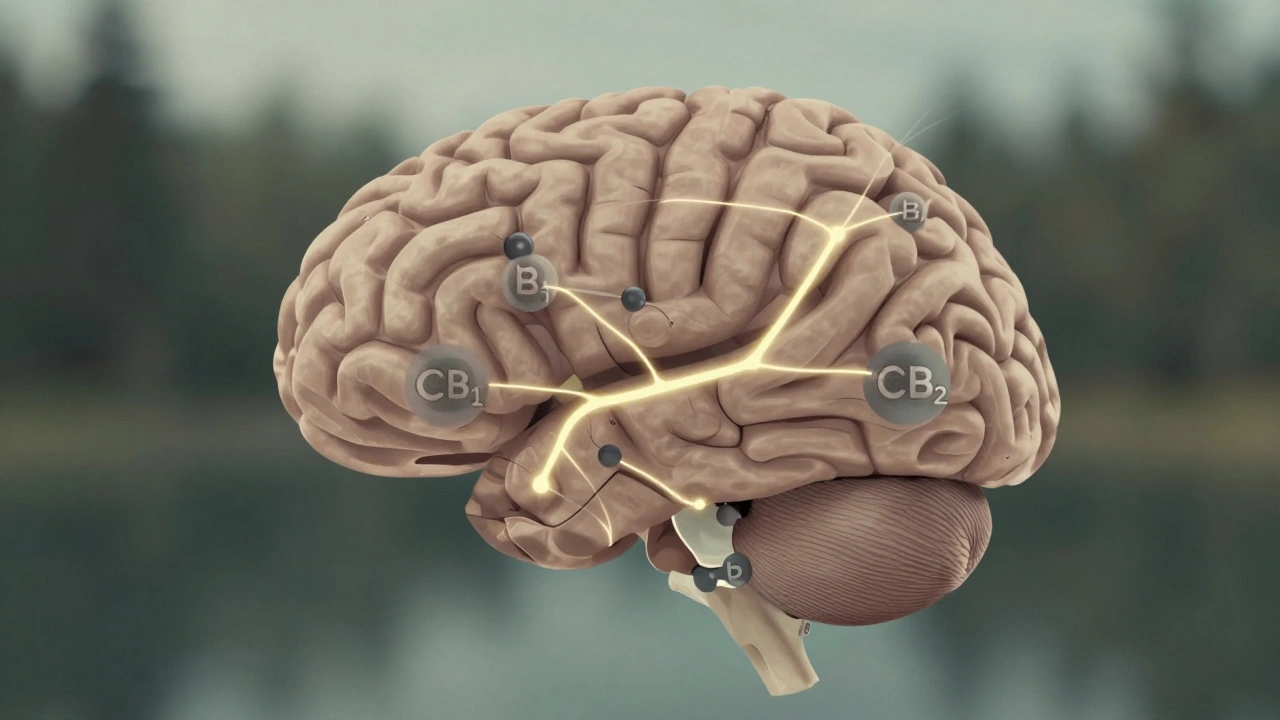 Gehirn mit sanft leuchtenden Rezeptoren, die H4CBD-Bindung symbolisieren