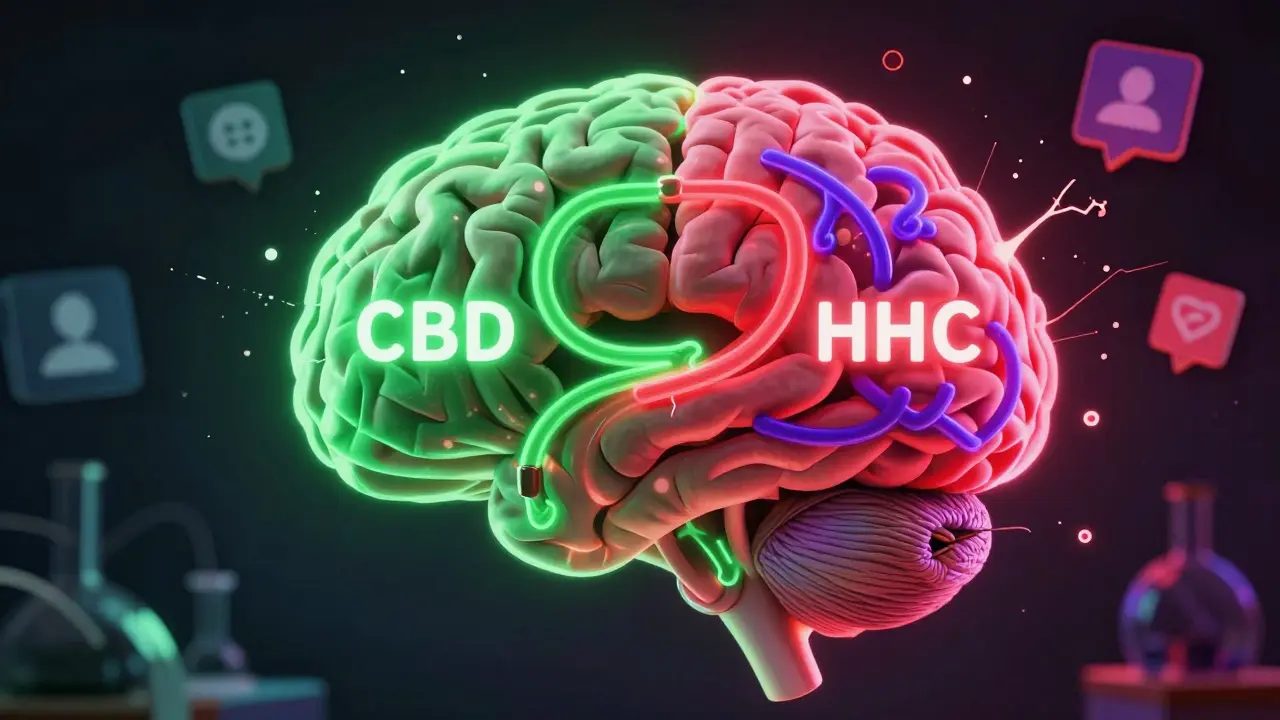 Gehirn mit zwei konkurrierenden Wegen: CBD in Grün, HHC in rot-violett, Synapsen brechen auseinander.