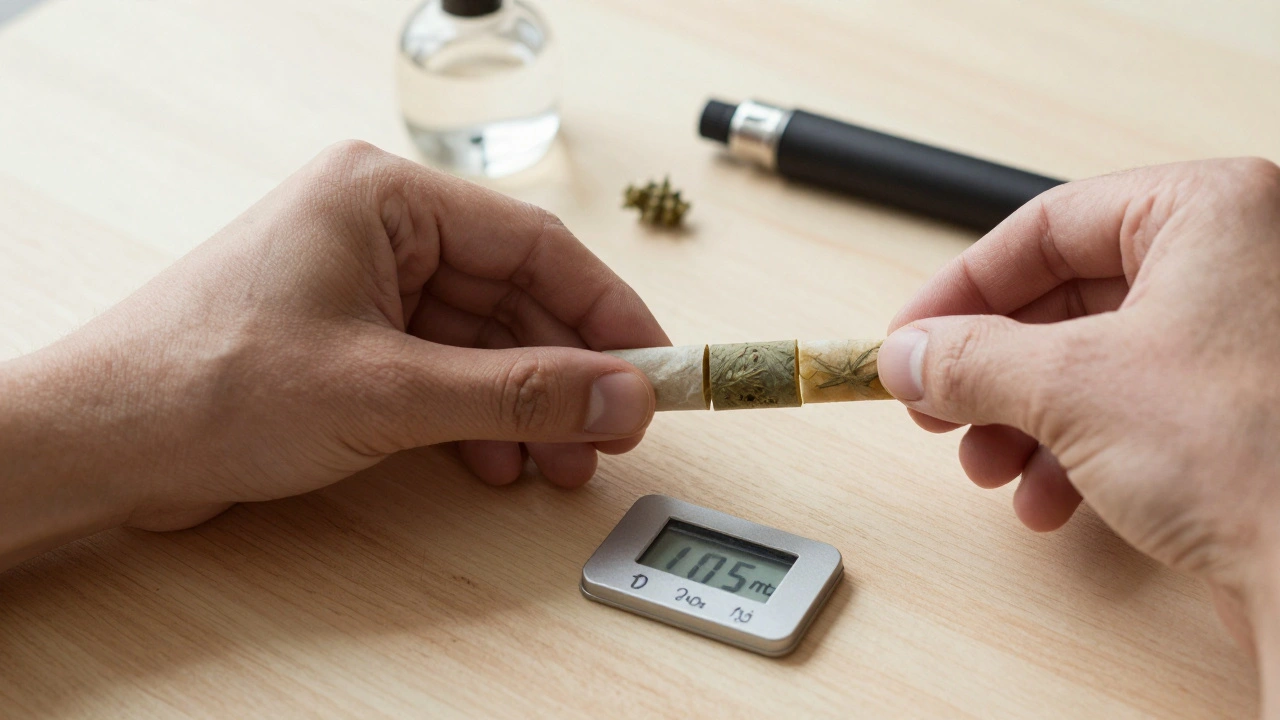 Hand teilt eine CBD-Joint in vier gleiche Teile auf einem Holztisch.