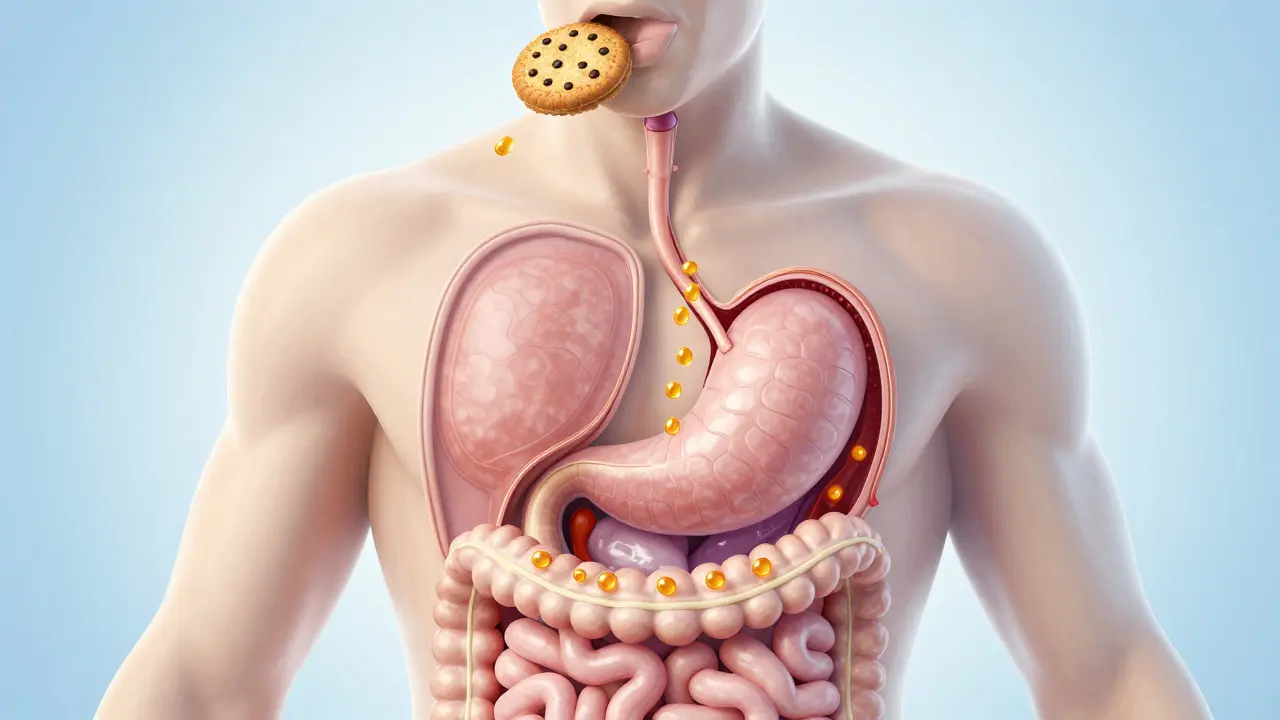 Illustration des Verdauungstrakts mit CBD-Molekülen, die aus einem Cookie freigesetzt und im Darm aufgenommen werden.
