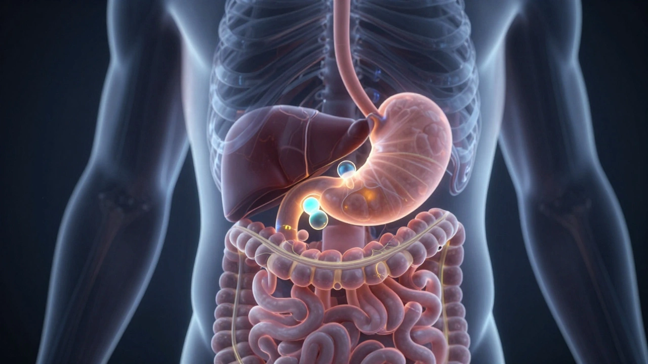 Illustration des Verdauungstrakts mit einem CBD-Molekül, das durch Magen und Leber wandert.