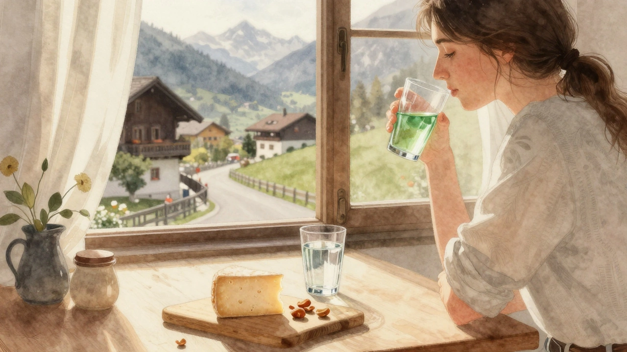 Jemand trinkt Absinth am Morgen mit Wasser und Käse, Sonnenlicht fällt durch das Fenster.