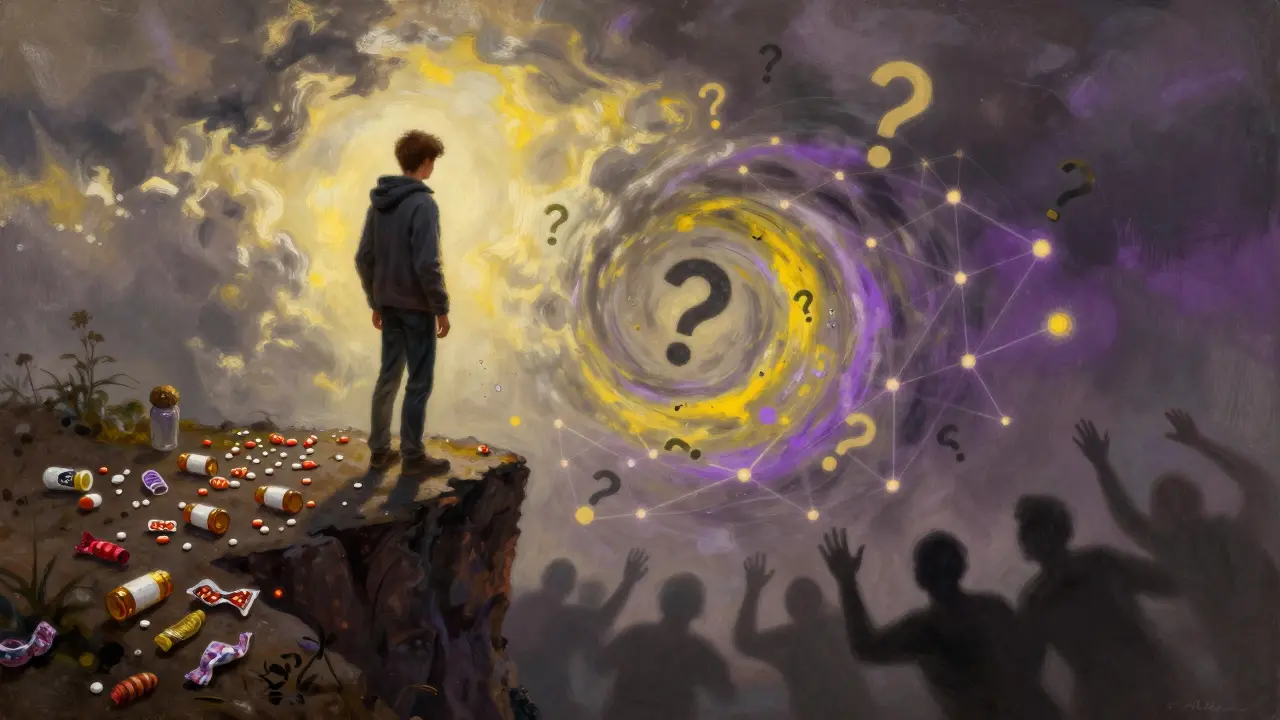 Junge Person am Rand eines Abgrunds aus HHC-Verpackungen, Blick in einen Wirbel aus Fragezeichen und Nervenverbindungen.